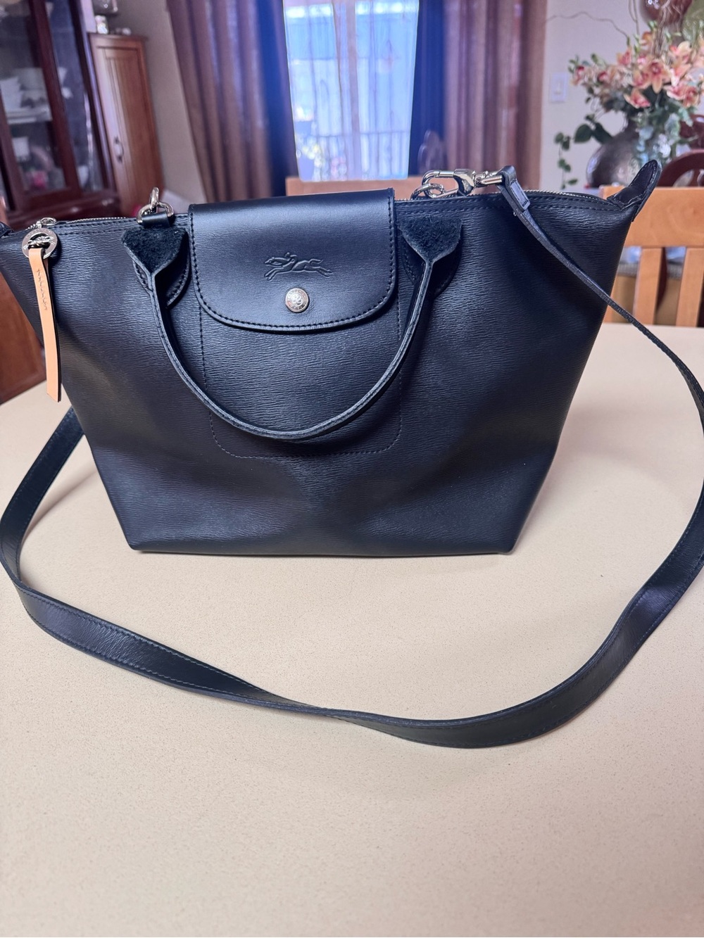 Longchamp Black Leather Small Tote with Crossbody Strap